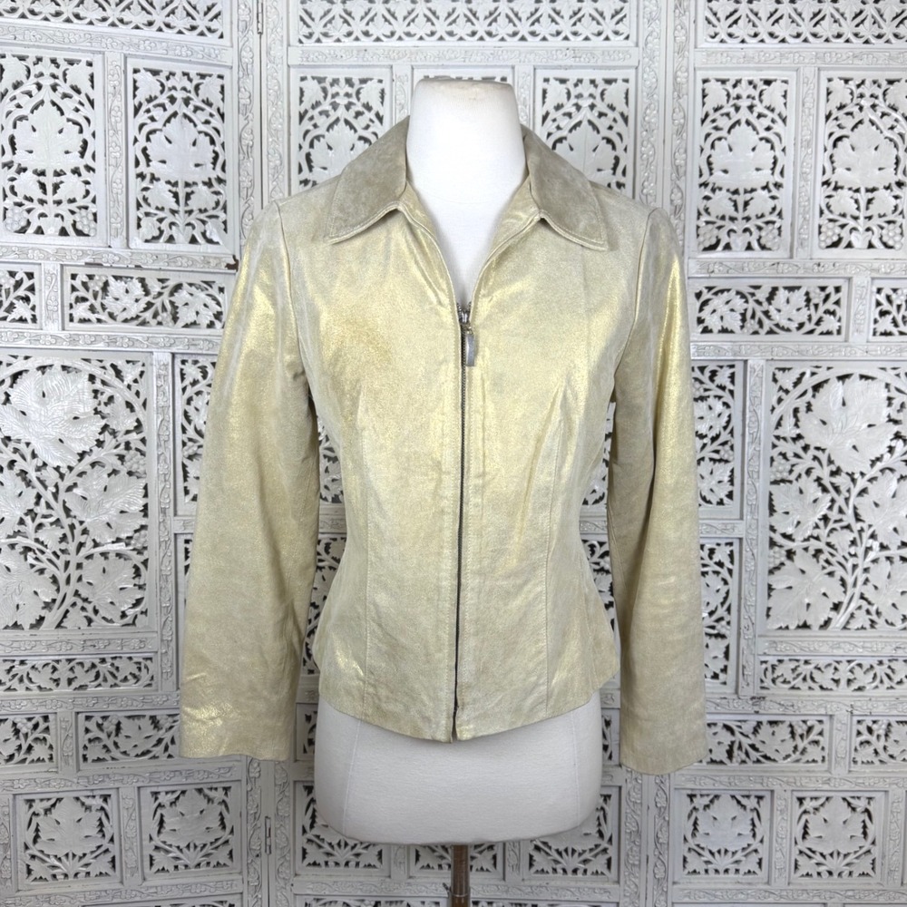 Vtg Gold Metallic Suede Leather Jacket Full Zip 4 Petite Retro Party Festival